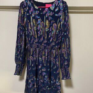 Lilly Pulitzer, breathtaking long sleeve, navy dress w/metallic colors, size 10